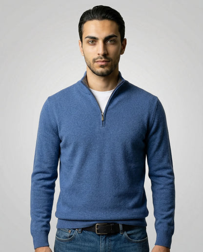 Blue zip neck sweater for men by Ilynora, front view with clean silhouette and soft knit
