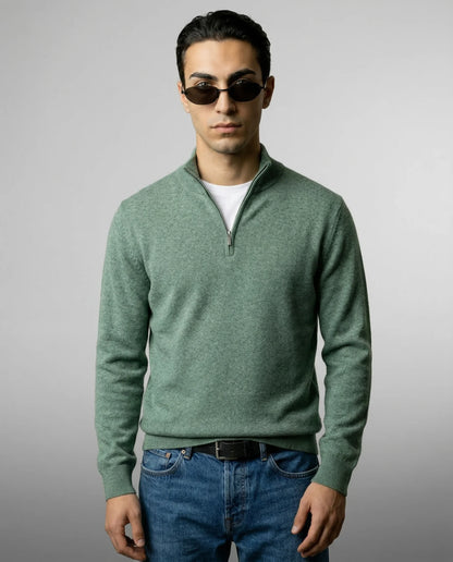 Green zip neck knit sweater by Ilynora, front view with relaxed fit and modern design