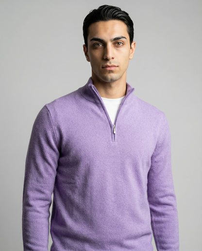 Light purple zip neck knit sweater by Ilynora, front view with soft fabric and relaxed silhouette
