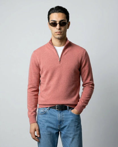 Pink zip neck knit sweater by Ilynora, front view with soft knit and casual smart style