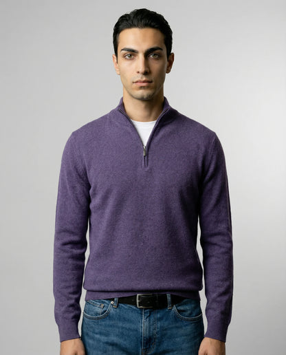 Purple zip neck knit sweater by Ilynora, front view with refined fit and smooth texture