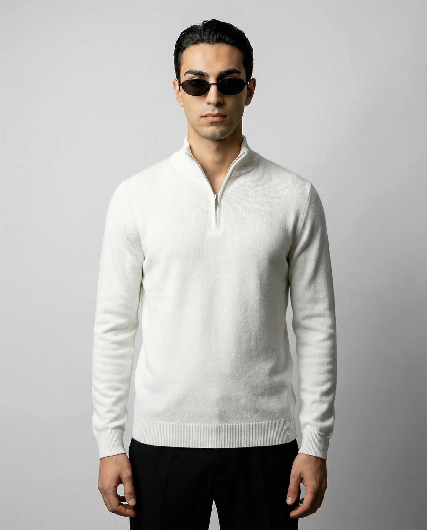 Men's zip neck knit sweater in white by Ilynora, front view with clean design and regular fit