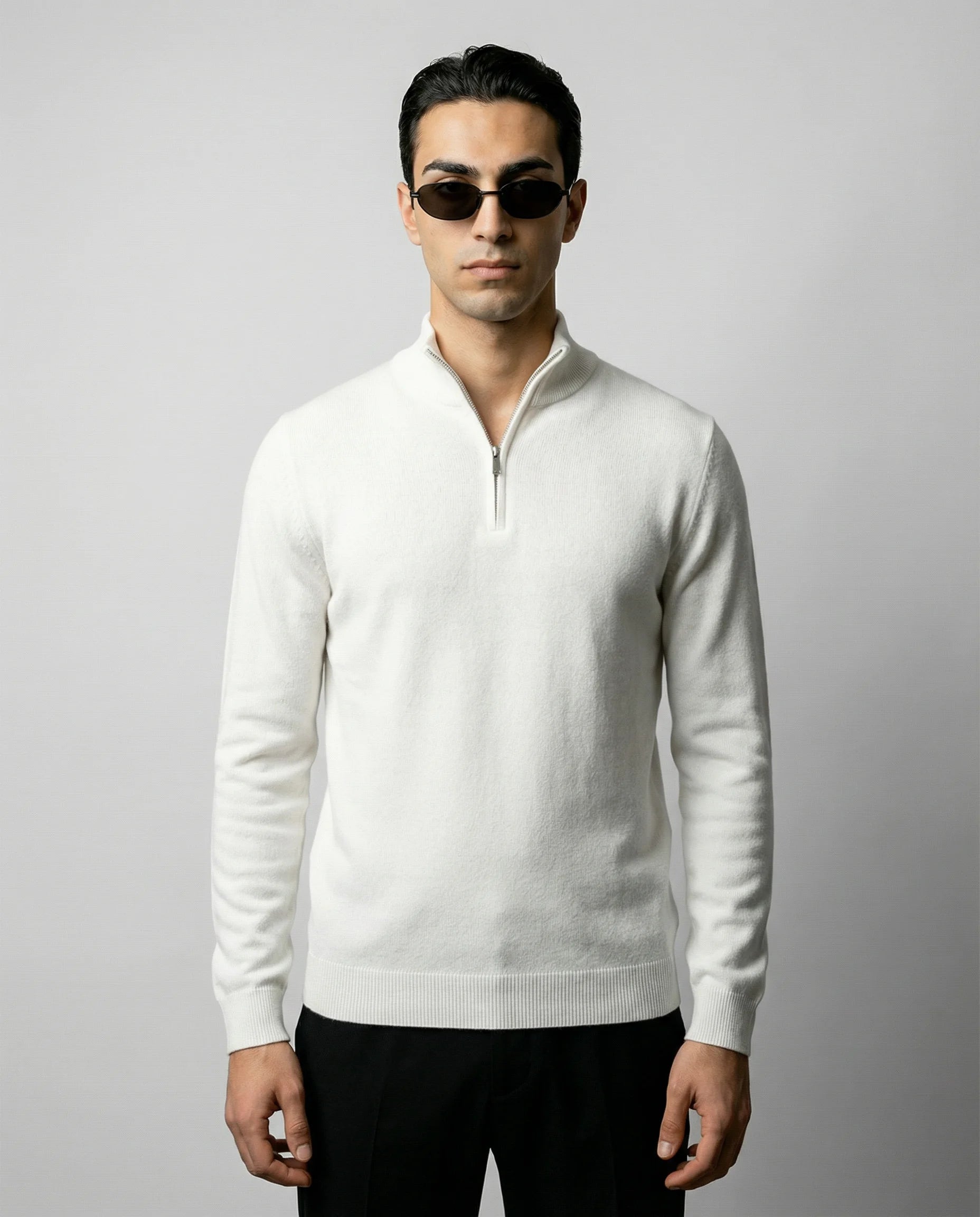 Men's zip neck knit sweater in white by Ilynora, front view with clean design and regular fit
