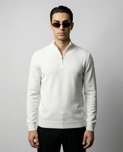 Men's zip neck knit sweater in white by Ilynora, front view with clean design and regular fit