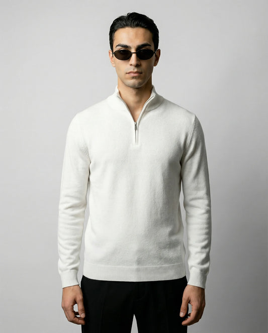 Men's zip neck knit sweater in white by Ilynora, front view with clean design and regular fit