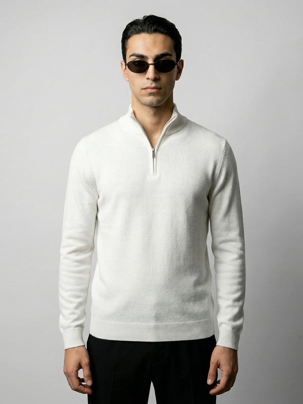 Men's zip neck knit sweater in white by Ilynora, front view with clean design and regular fit
