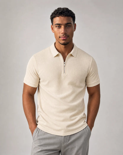 Men's beige zip neck polo shirt with lightweight comfort and timeless casual elegance by ILYNORA