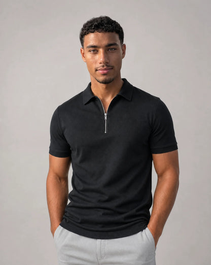 Men's black zip neck polo shirt with tailored silhouette and refined smart casual look by ILYNORA