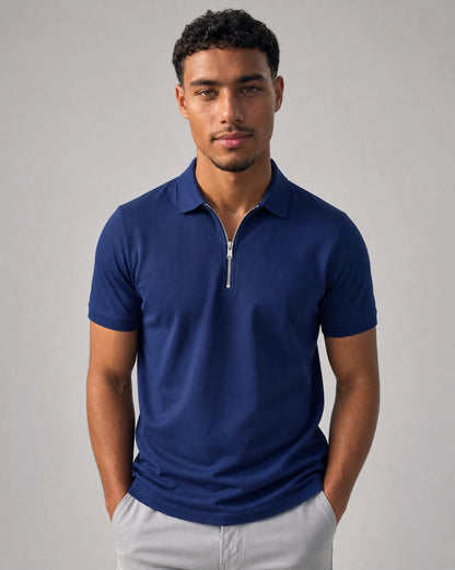 Men's blue zip neck polo shirt with modern fit and polished everyday styling by ILYNORA