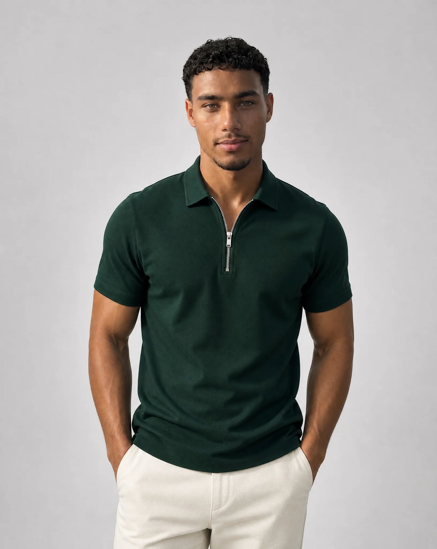 Men's green zip neck polo shirt with slim fit design and sophisticated casual style by ILYNORA