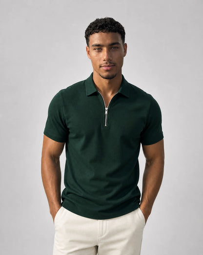 Men's green zip neck polo shirt with slim fit design and sophisticated casual style by ILYNORA