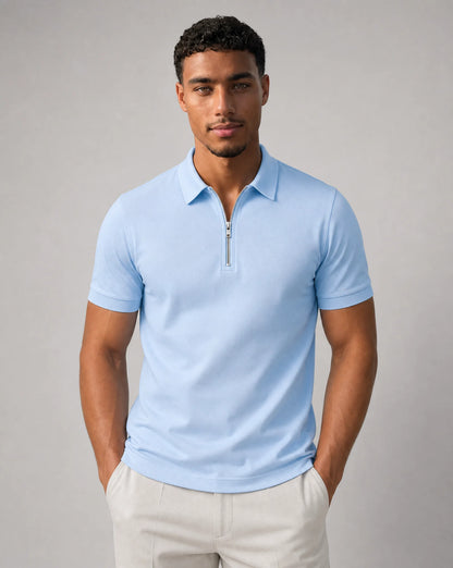 Men's light blue zip neck polo shirt with slim fit and modern smart casual style by ILYNORA
