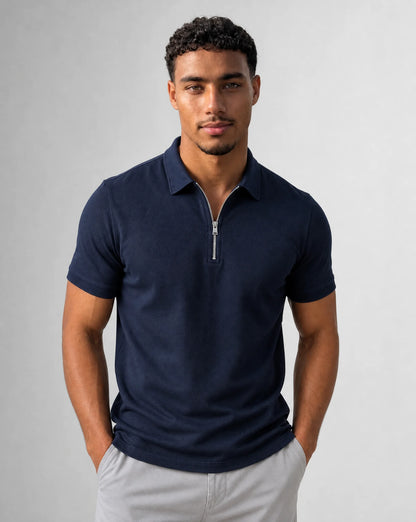 Men's navy zip neck polo shirt with tailored fit and versatile smart casual appeal by ILYNORA
