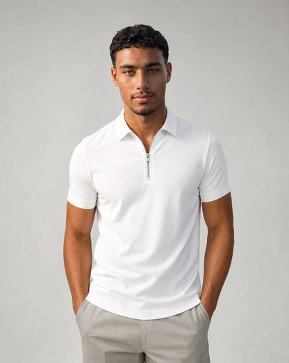 Men's white zip neck polo shirt with clean slim fit design and versatile styling by ILYNORA