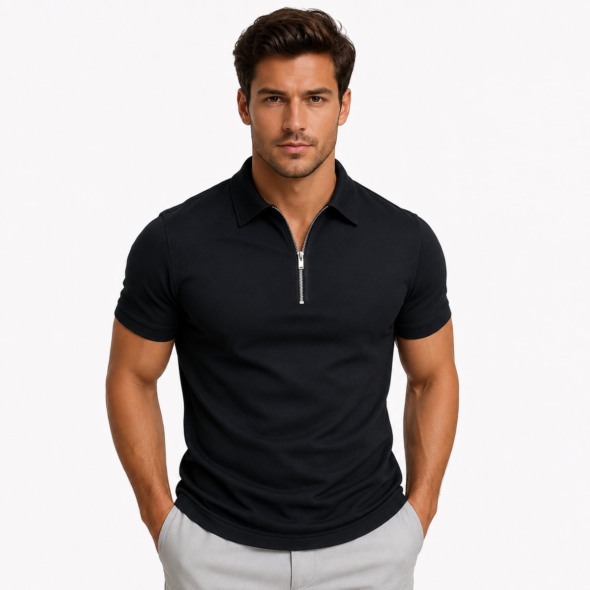 Men's Zip Neck Slim Fit Short Sleeve Polo Shirt