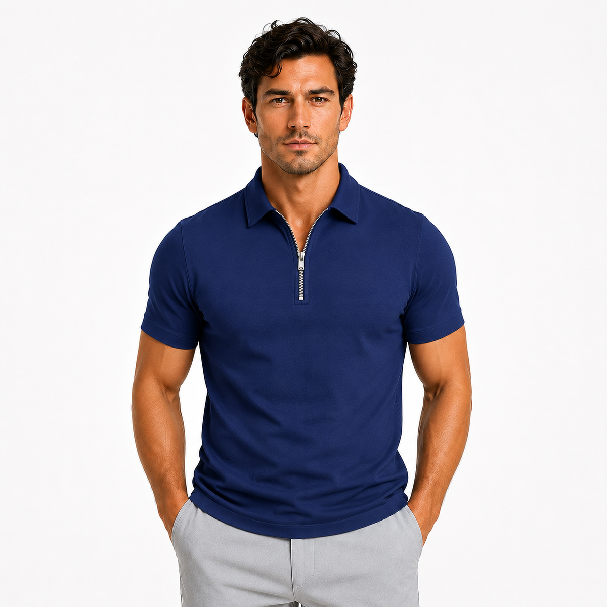 Men's Zip Neck Slim Fit Short Sleeve Polo Shirt