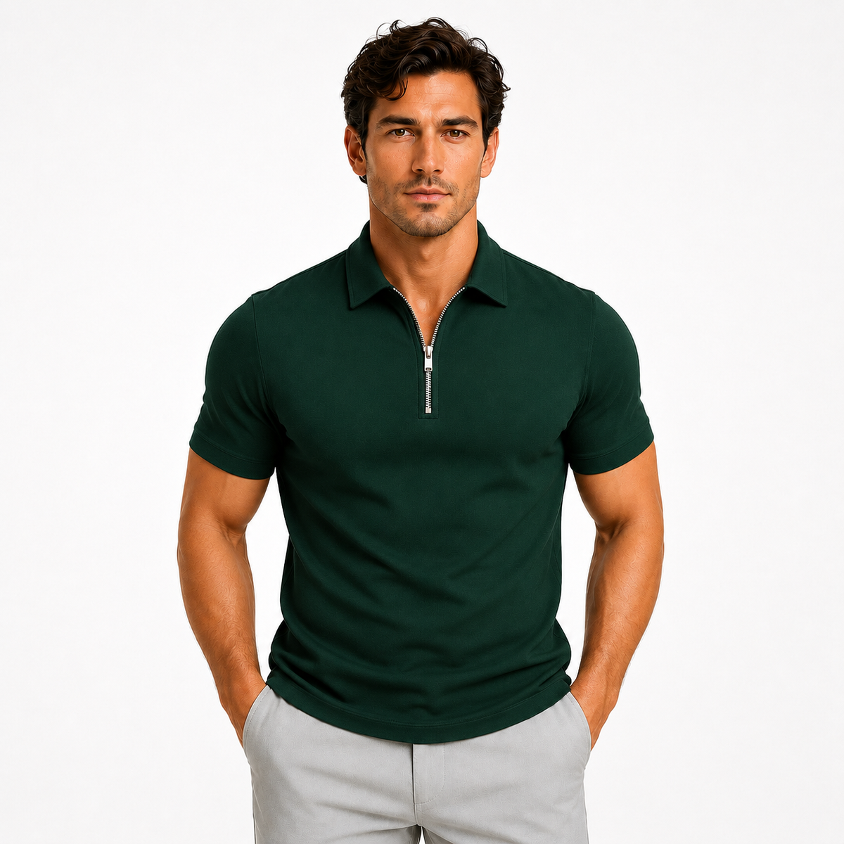 Men's Zip Neck Slim Fit Short Sleeve Polo Shirt