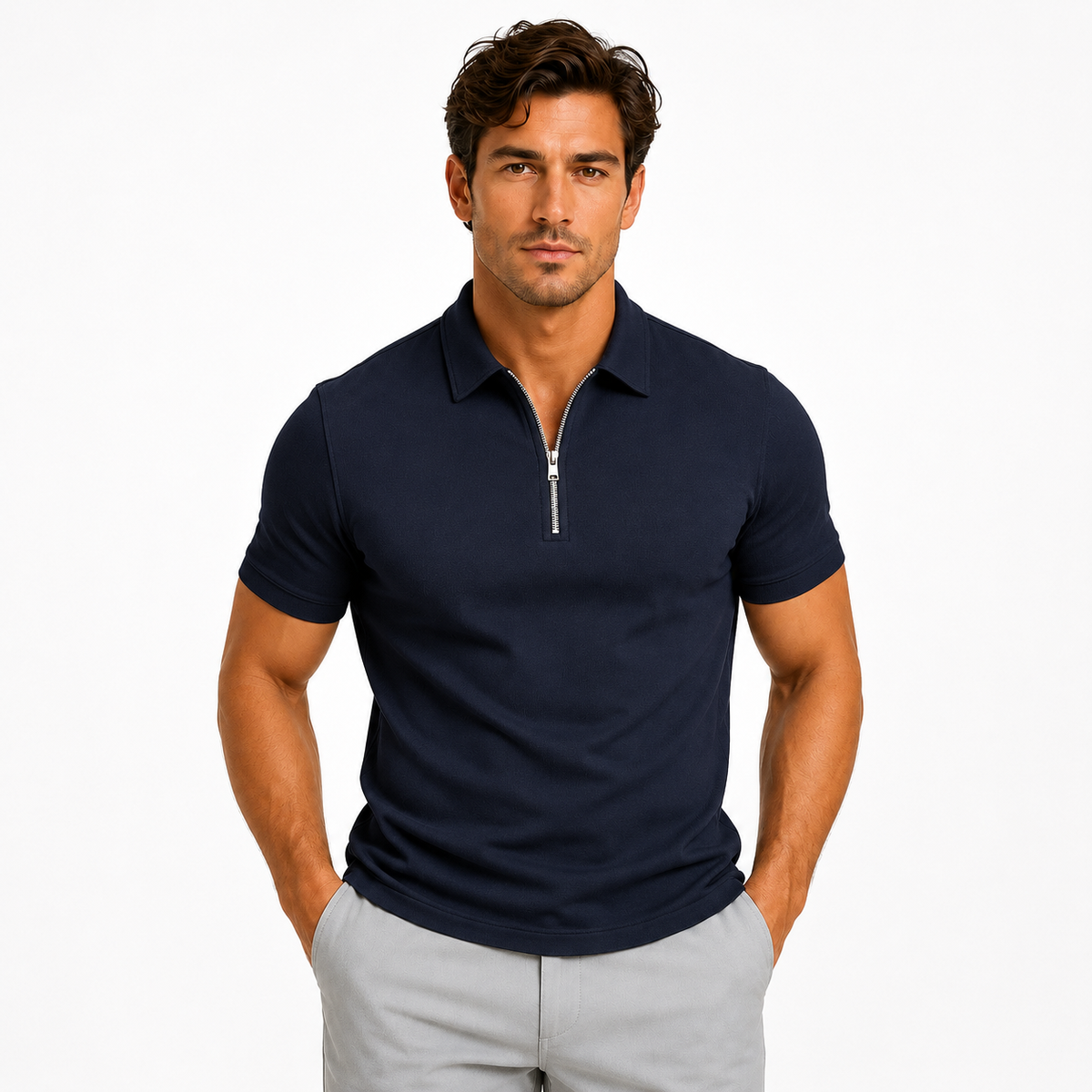 Men's Zip Neck Slim Fit Short Sleeve Polo Shirt