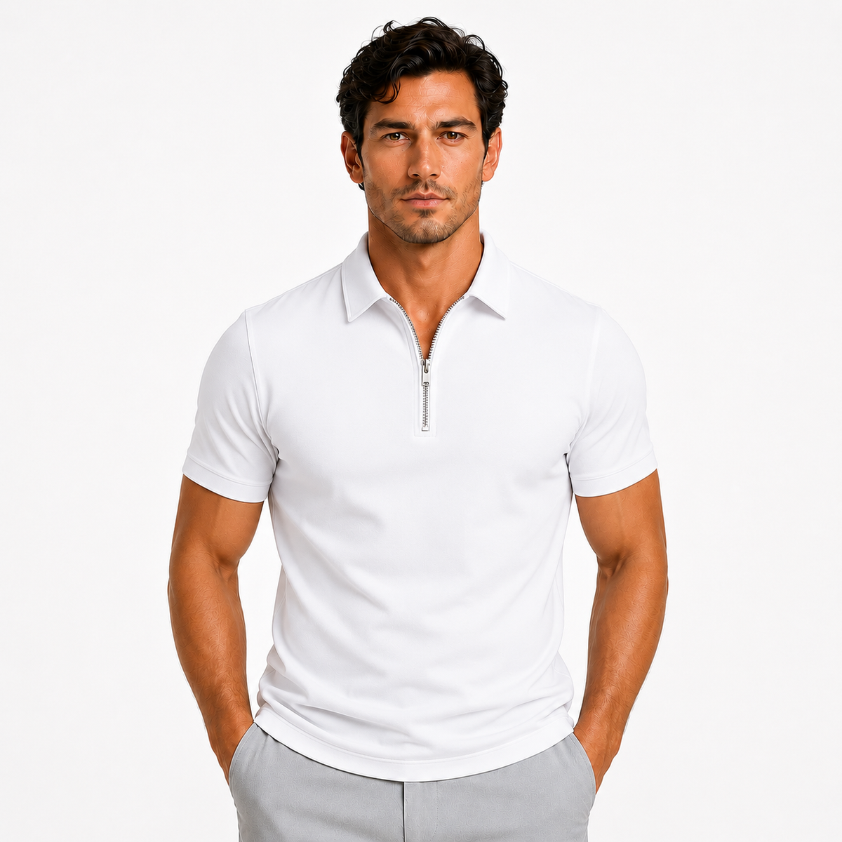 Men's Zip Neck Slim Fit Short Sleeve Polo Shirt
