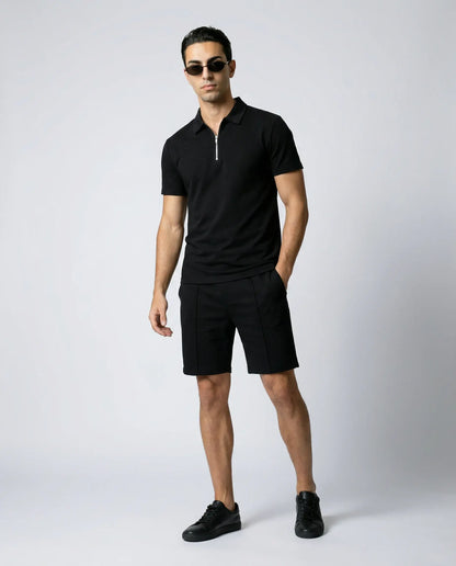 Black zip polo and shorts set for men by Ilynora, modern matching outfit with relaxed fit