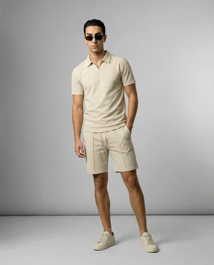 Khaki zip polo and shorts set for men by Ilynora, clean matching summer outfit with relaxed fit