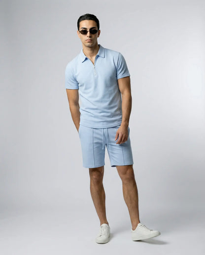 Light blue zip polo and shorts set for men by Ilynora, modern matching outfit with relaxed fit
