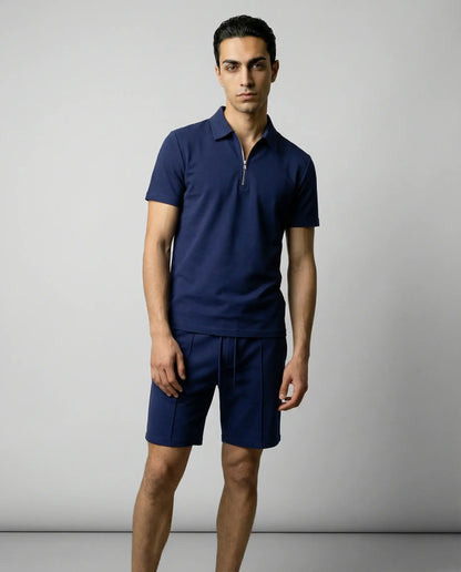 Navy blue zip polo and shorts set for men by Ilynora, clean matching outfit with modern relaxed fit