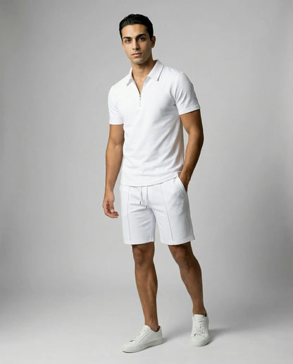 White zip polo and shorts set for men by Ilynora, modern matching outfit with relaxed fit