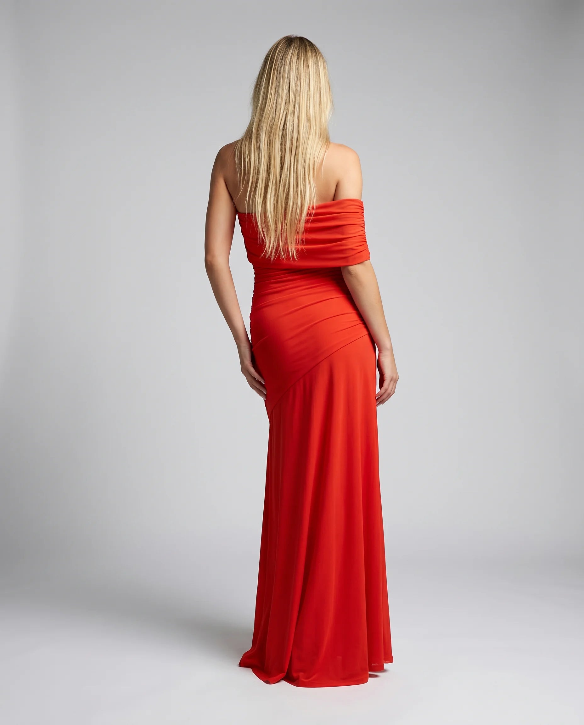 Orange one shoulder ruched maxi dress for women by Ilynora, back view showcasing the asymmetrical neckline