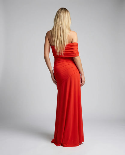 Orange one shoulder ruched maxi dress for women by Ilynora, back view showcasing the asymmetrical neckline