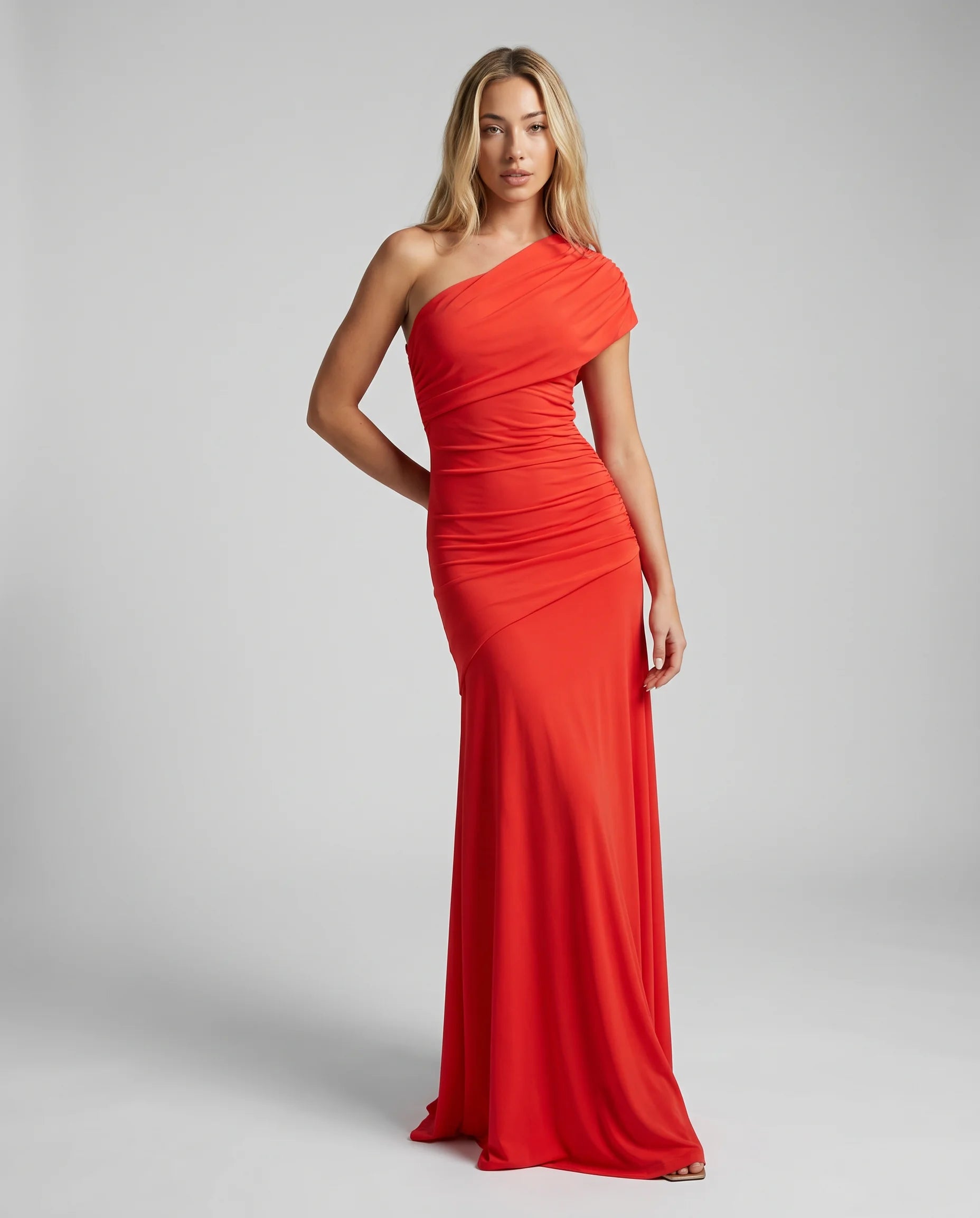 Orange one shoulder ruched maxi dress for women by Ilynora, front view with elegant draping and flowing silhouette