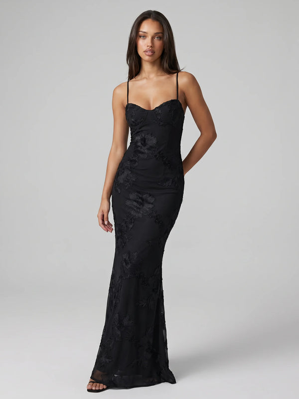 Black open back lace maxi dress for women by Ilynora, front view with elegant silhouette and delicate lace
