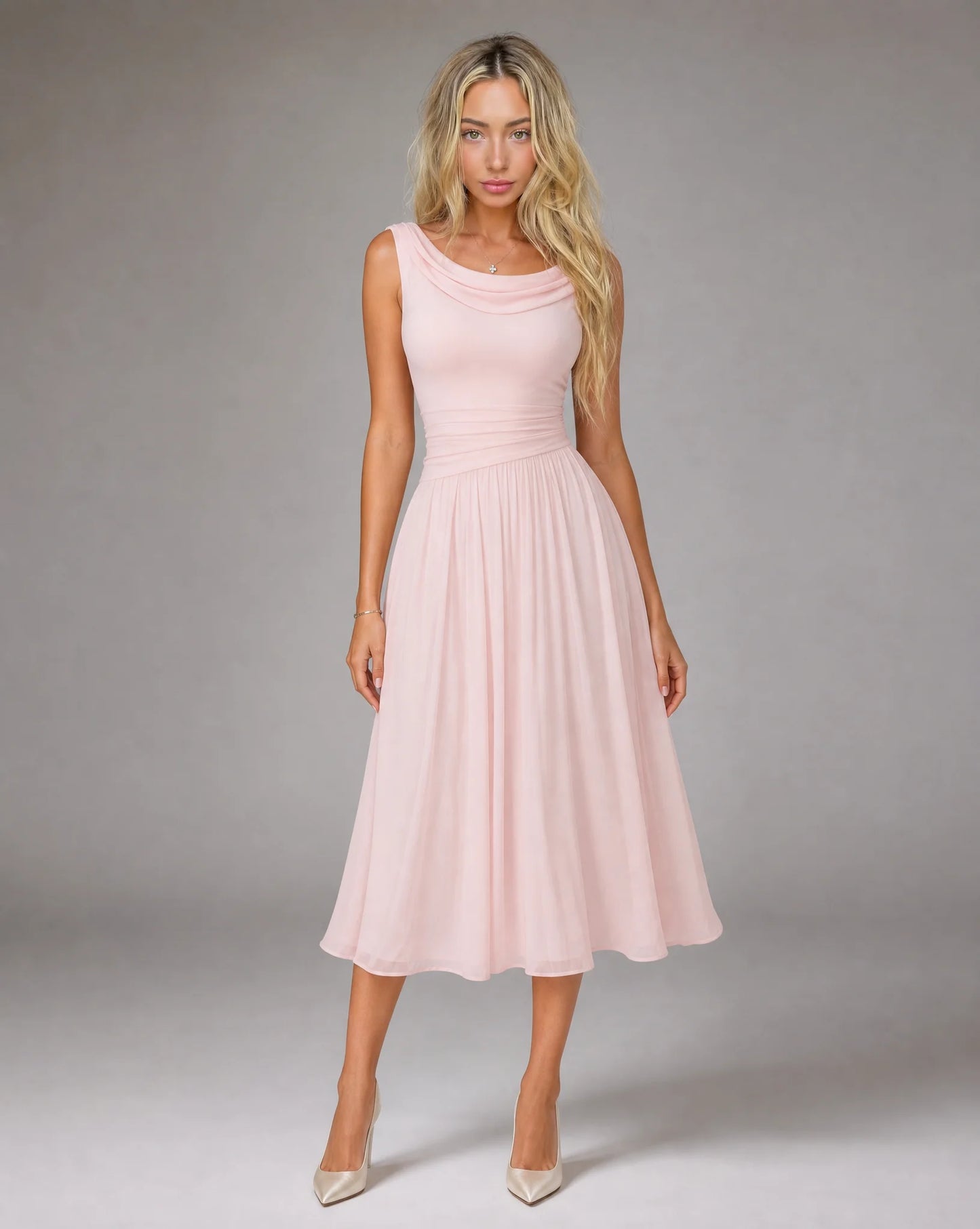 Women's pink draped cowl neck pleated midi dress featuring a sleeveless design, elegant pleats and feminine occasion styling by ILYNORA