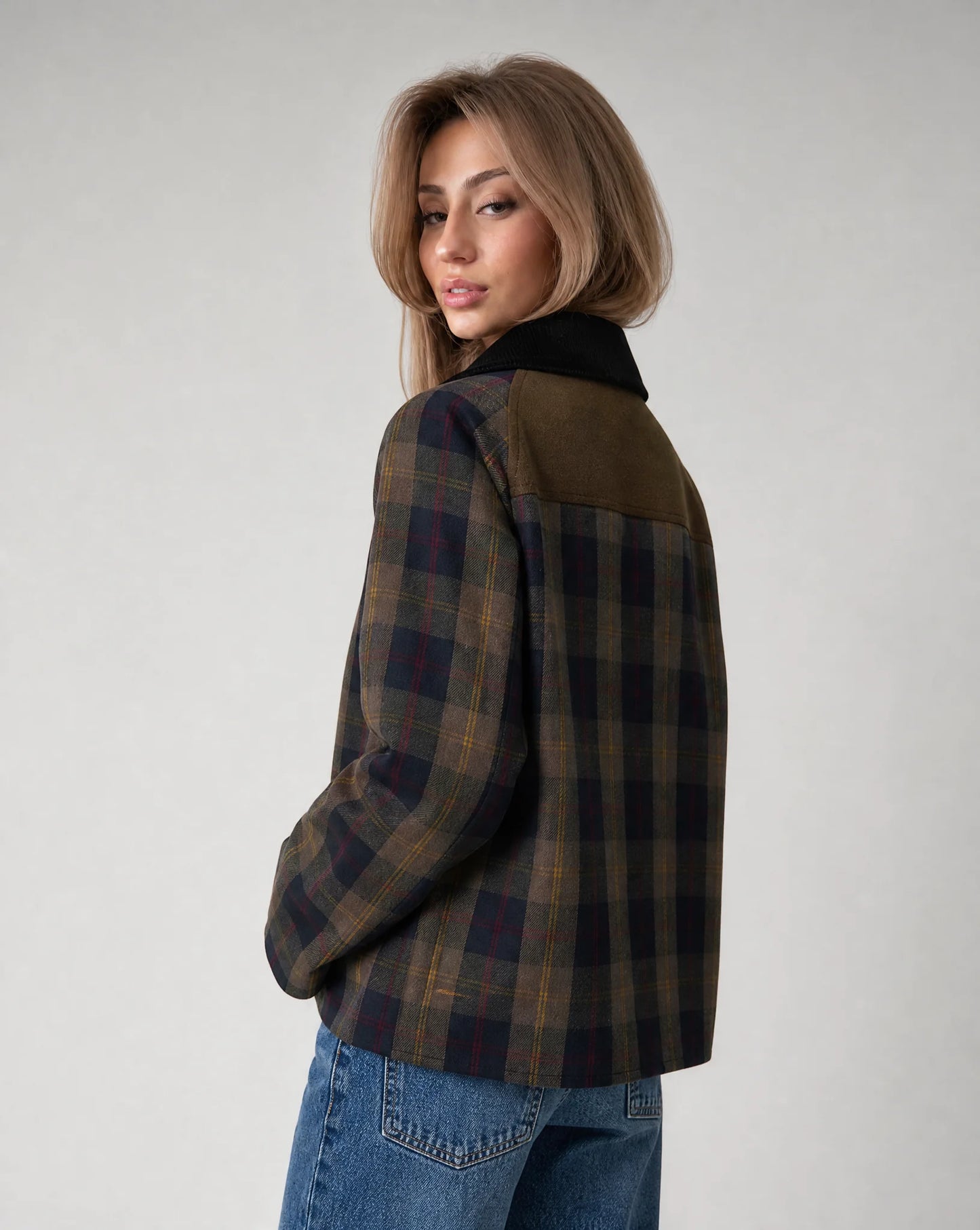 Dark brown plaid contrast trim jacket for women by Ilynora, back view showcasing the classic check pattern