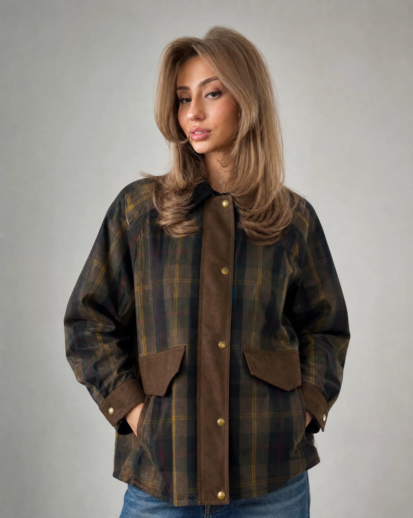 Dark brown plaid contrast trim jacket for women by Ilynora, front view highlighting the contrast trim detail
