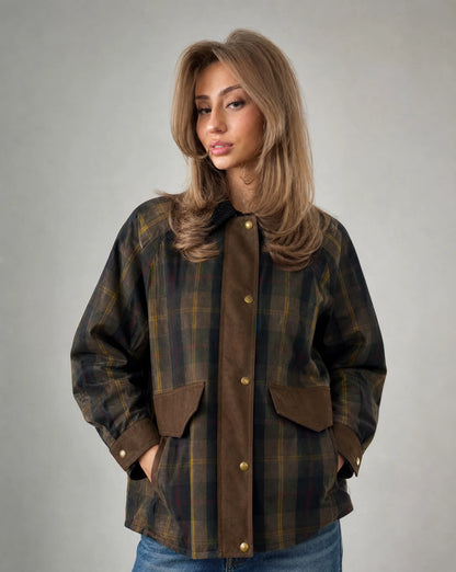 Dark brown plaid contrast trim jacket for women by Ilynora, front view highlighting the contrast trim detail