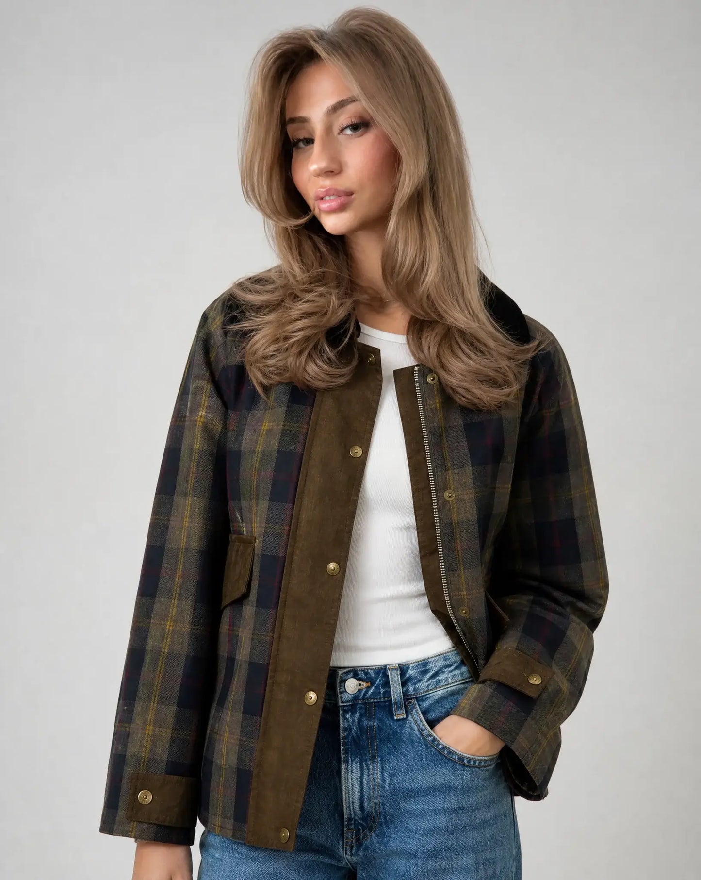 Dark brown plaid contrast trim jacket for women by Ilynora, front view with structured fit and cord collar