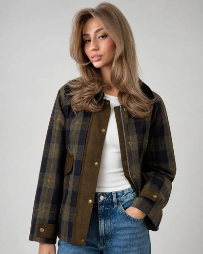 Dark brown plaid contrast trim jacket for women by Ilynora, front view with structured fit and cord collar