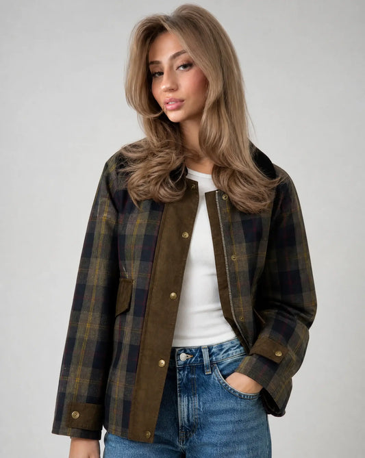 Dark brown plaid contrast trim jacket for women by Ilynora, front view with structured fit and cord collar