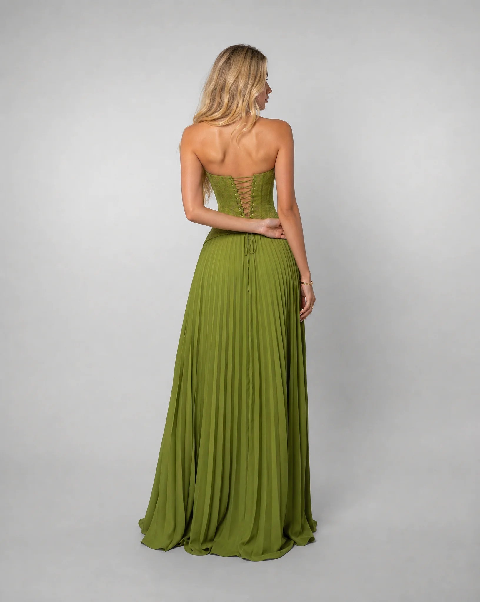 Women's Green Pleated Corset Maxi Dress – ILYNORA