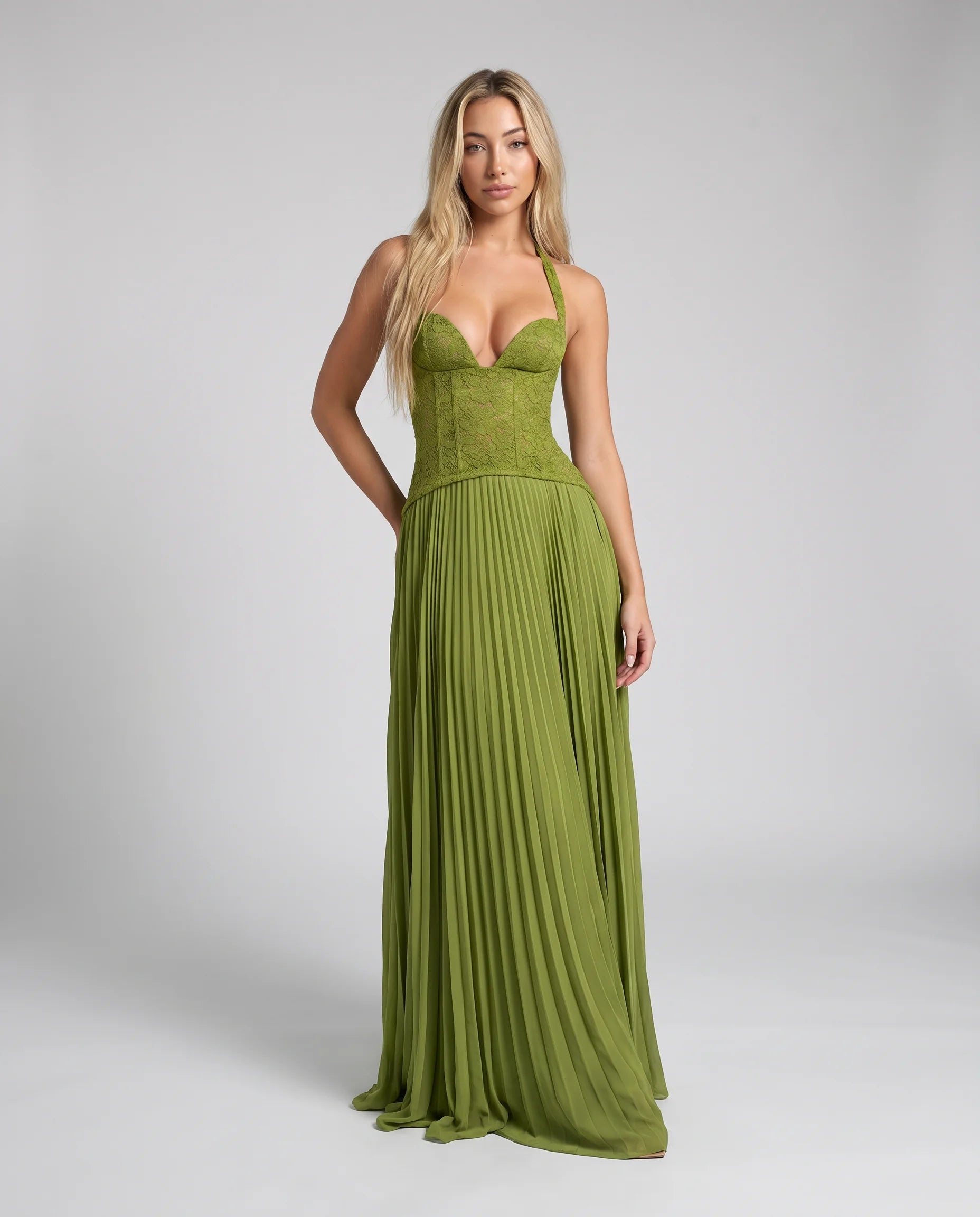 Women's Green Pleated Corset Maxi Dress – ILYNORA
