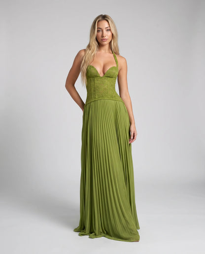 Green pleated corset maxi dress for women by Ilynora, front view with elegant silhouette and flowing skirt