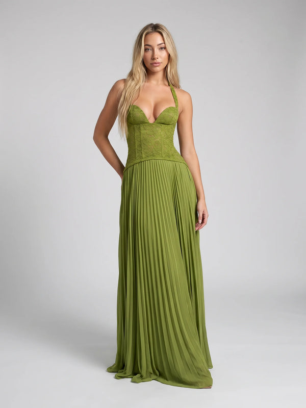 Green pleated corset maxi dress for women by Ilynora, front view with elegant silhouette and flowing skirt