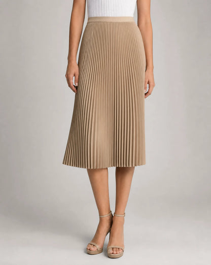 Beige pleated midi skirt for women by Ilynora, front view with elegant drape and feminine silhouette