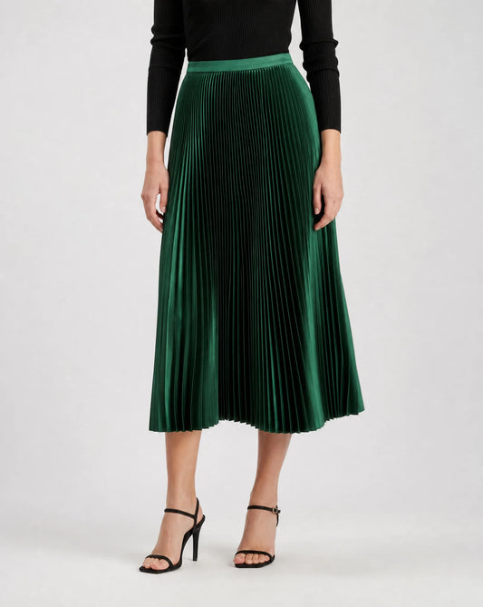 Green pleated midi skirt for women by Ilynora, front view with flowing silhouette and elegant pleats