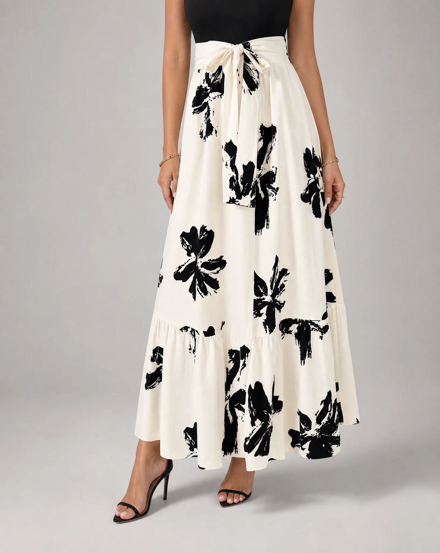 White printed A line midaxi dress for women by Ilynora, front view with flowing silhouette and floral print