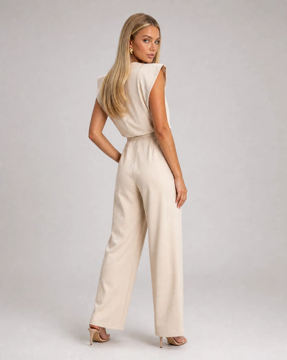 Apricot ruffle sleeve jumpsuit for women by Ilynora, back view showcasing the elegant silhouette and tailored fit