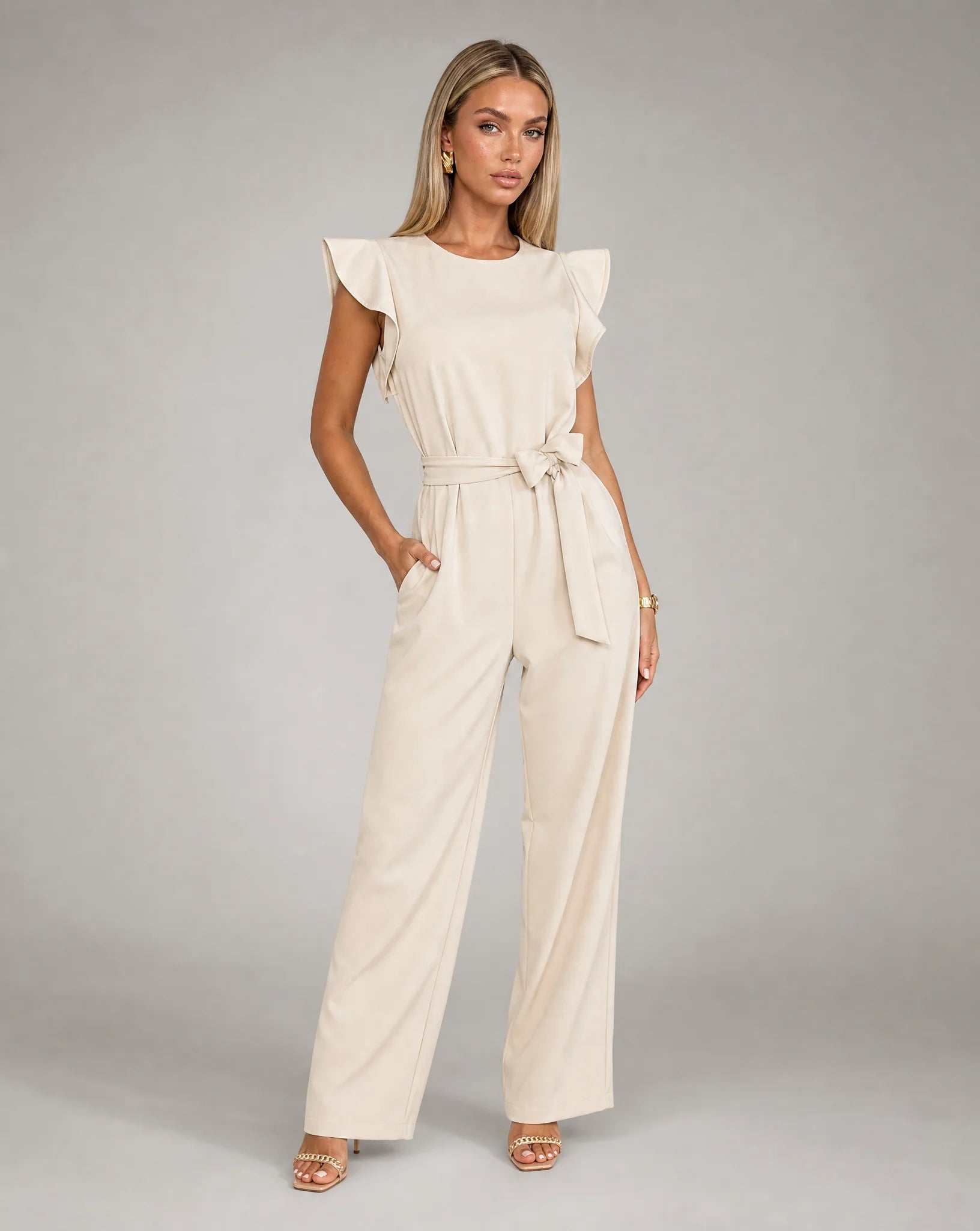 Apricot ruffle sleeve jumpsuit for women by Ilynora, front view with belted waist and wide leg fit