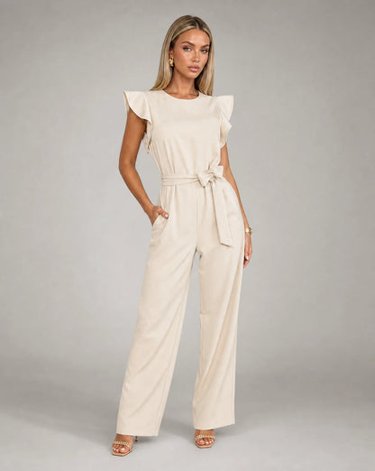 Apricot ruffle sleeve jumpsuit for women by Ilynora, front view with belted waist and wide leg fit