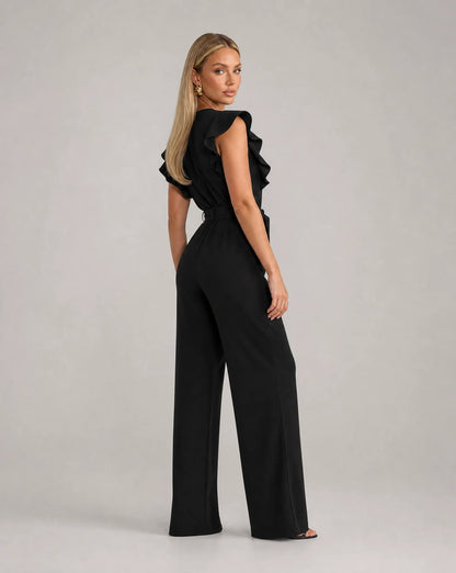 Black ruffle sleeve jumpsuit for women by Ilynora, back view showcasing the elegant fit and flowing design